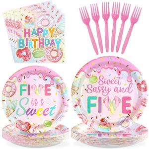96 Pcs Sweet Sassy and 5 Birthday Decorations Donut 5th Birthday Party Decorations for Girls Colorful Donut Plates and Napkins 5 Years Old Disposable Party Supplies Serves 24