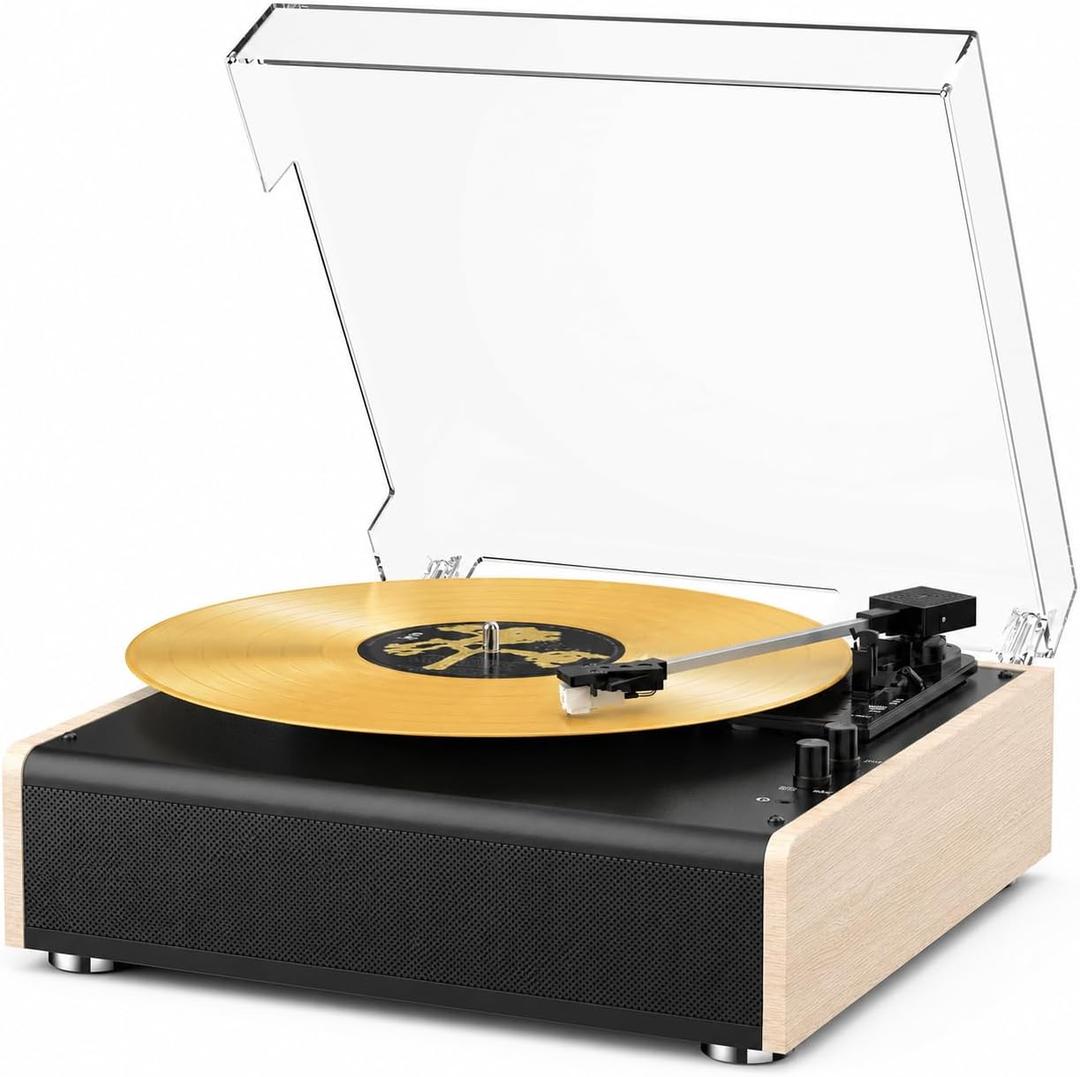 Bluetooth Vinyl Record Player with Built-in Stereo Speakers, 3-Speed Belt-Drive Turntable for 7/10/12 Inch Vinyl Records, Magnetic Cartridge, RCA Out, AUX in, Headphone Jack, Vintage White Phonograph
