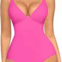 FeelinGirl Shapewear Bodysuits for Women Tummy Control Body Suits Deep V Neck Corset Body Shaper Tops (Large, Pink)