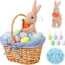 SiliFine Easter Bunny Gift Basket, Include Wicker Basket with Liner Gingham, Easter Plush Bunny Rabbit, Easter Eggs, Raffia Paper Grass, Easter Gifts for Picnic Party Decoration(Blue)