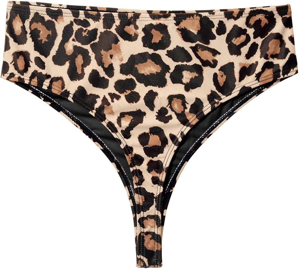 Zmart Women High Waist Thong Bikini Bottoms High Cut Swimsuit Bathing Suit Cheeky Brazilian Swimwear Bottom, Leopard Large