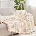 Negwoo Chunky Knit Throw Blanket, 50''*60'' Knitted Throw Chenille Yarn for Bed Couch, Handmade Cream Crochet Big Thick Blanket, Machine Washable Cute Comfy Blanket for Home Decor