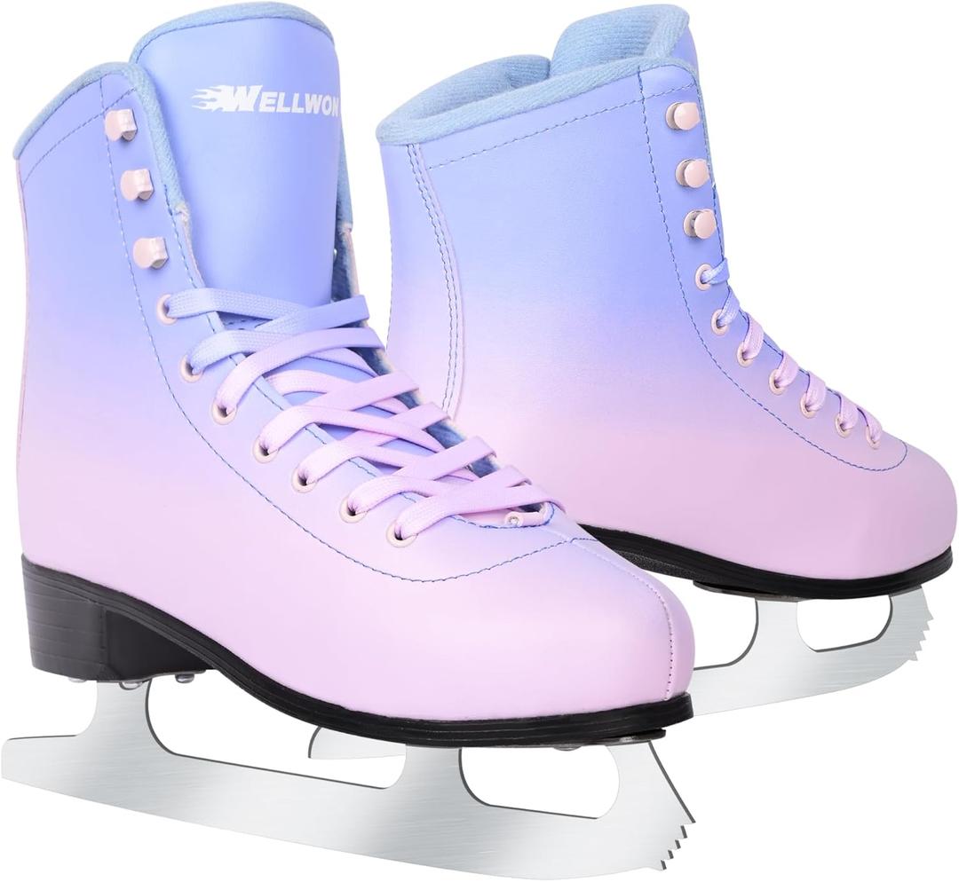 Figure Ice Skates for Women Girls and Boys, Lace-Up Adult Figure Skate Ice Hockey Skates for Outdoor and Skating Rink, Figure Ice Skate Shoes Size 5 6 7 8 9 10 11 and Youth 2Y 3Y (Purple Pink)