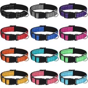 12 Pcs Reflective Puppy Dog Collars Bulk for Litter Dogs Adjustable Safety Nylon Collars with Locking Buckle Soft Padded Breathable Puppy Collar for Cats Pets(Small)