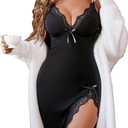 Avidlove Lingerie for Women Sexy Lace Nightgowns Side Slit Sleepwear V Neck Babydoll Chemise (Medium, Black)