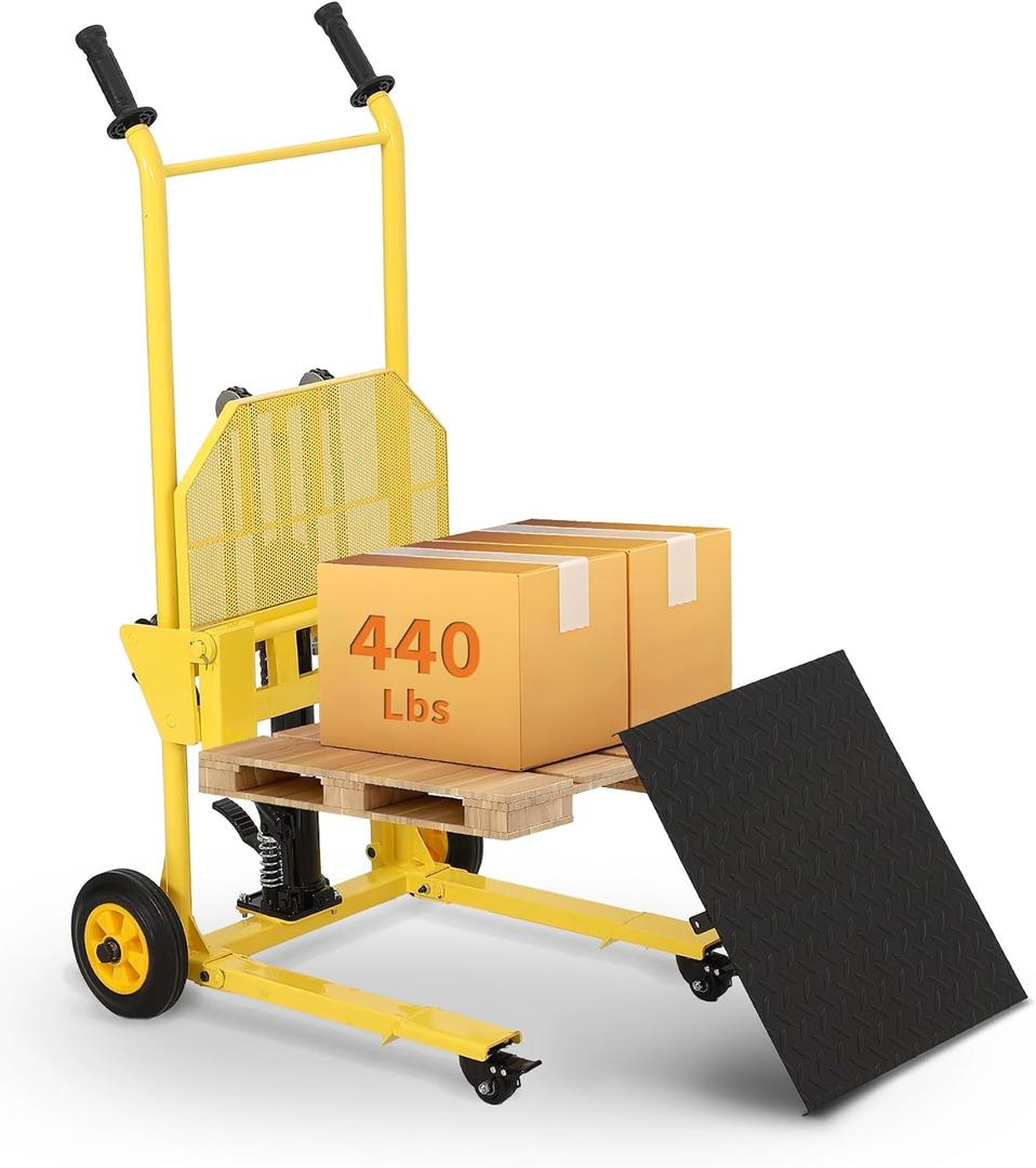 Hydraulic Material Lift, 440lbs Capacity Pallet Truck Dolly, Lift Table, Fork Lift, 36" Max Lift Winch Stacker, Multifunctional Hydraulic Hand Truck with Steel Platform Board, Adjustable Forks