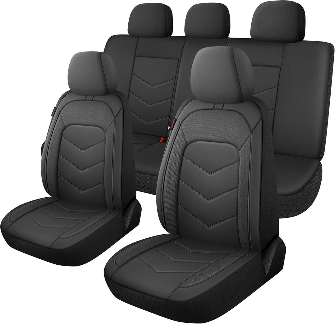 CAROMOP Luxury Faux Leather Seat Covers Full Set,Breathable Seat Covers for Cars,Universal Fits Most Cars, Vehicles,Sedans,Trucks & SUVs.Airbag Compatible (5-Seat Black)