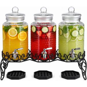 Triple 1 Gallon Glass Beverage Dispenser Drink Station with Stainless Steel Spigots, Handmade Metal Stand & Drip Trays – Hammered Drink Dispensers with Chalkboard Labels for Parties, Juice, Tea