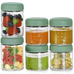 haakaa Baby Food Containers Glass,100% Leak-Proof Baby Jars with Silicone Lid, Premium Borosilicate Glass,Fridge Freezer & Microwave Safe,4 PCS 4 OZ & 2 PCS 7oz,Pea Green (4 Ounce+7 Ounce)