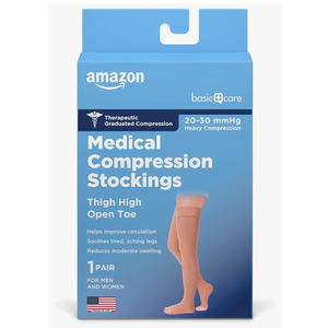 Amazon Basic Care Medical Compression Stockings, 20-30 mmHg Support, Women & Men Thigh Length Hose, Open Toe, Beige, Size M