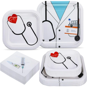 Maxcheck 200 Pcs Doctor Nurse Graduation Party Supplies Disposable Paper Plates and Napkins Dinnerware Serve 50 Dinner Plate Dessert Plate Napkin for Guests