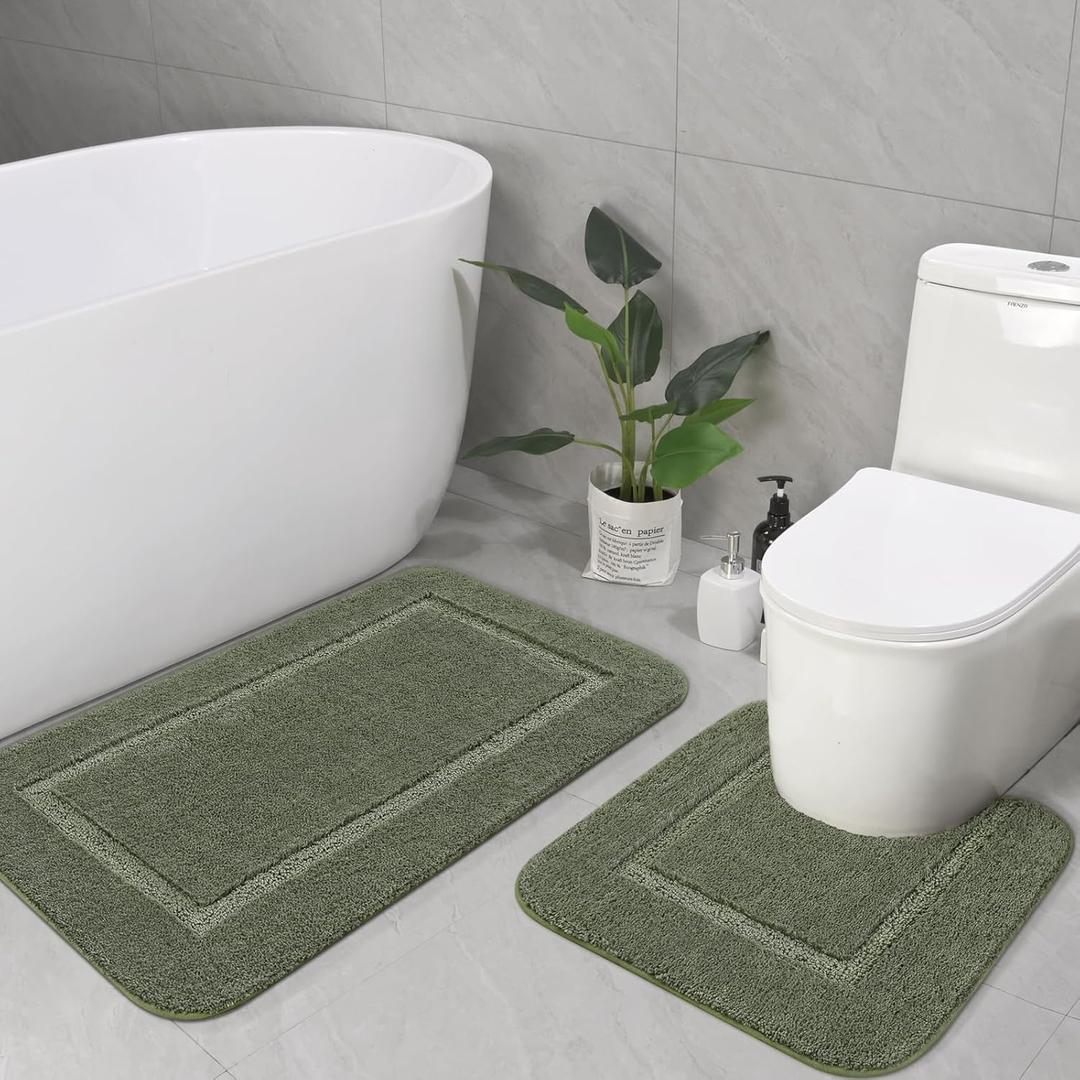 LOCHAS Bathroom Rug Set Sage Green, Soft Bath Rug Set 2 Piece Set, Toilet Mat U-Shaped 20x20 and 34x20 Bath Rugs, Quickly Dry Mats for Bathroom, Tub, Washable, Super Absorbent Floor Mat