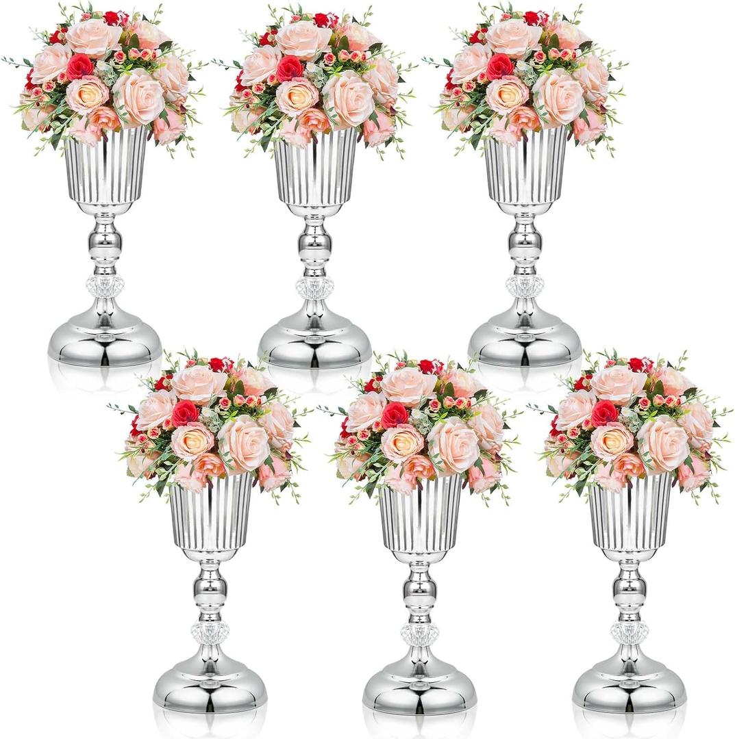11.6 inches Metal Wedding Flower Trumpet Stripe Vases Table Centerpieces for Artificial Flower,Arrangements Anniversary Celebration/Wedding/Party/Birthday Event Aisle Home Decor (Silver, 6pcs)