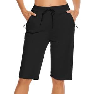 Womens Bermuda Shorts 12" Knee Length Drawstring with 2 Deep Zippered Pockets Comfy Lounge Breathable Shorts (Medium, Black)