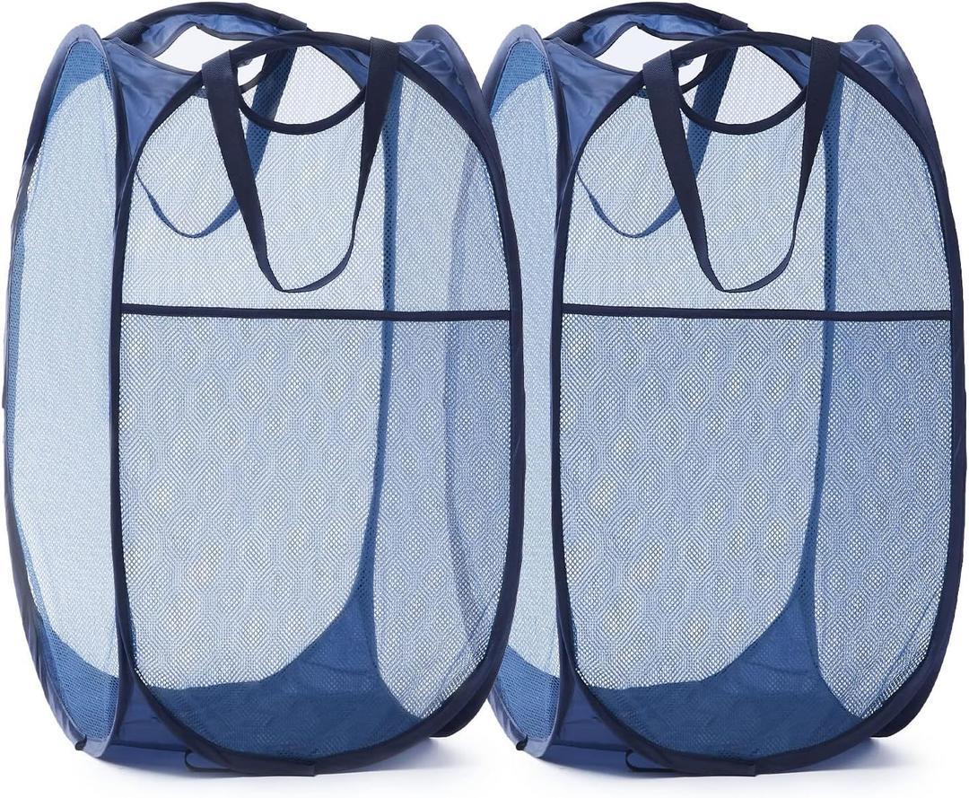 TECHMILLY Collapsible Mesh Pop Up Laundry Hamper with Sturdy Handles and Side Pocket - Portable Foldable Clothes Baskets for Dorm, Bathroom & Travel Storage (Blue, 2 Packs)