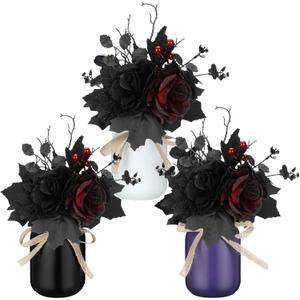 Gejoy 3 Pcs Halloween Table Decor Set Mason Jar with Artificial Flower Black Red Table Centerpieces Faux Flowers with Vases for Halloween Floral Arrangements Home Decorations