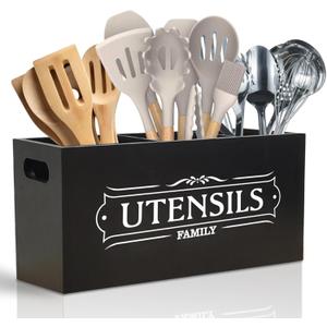 Kitchen Utensil Holder for Countertop, Extra Large Organizers and Storage - Wooden Farmhouse Decor and Utensil Crock for Kitchen Counter, Rustic Countertop Organizer for Cooking Tools(Black)