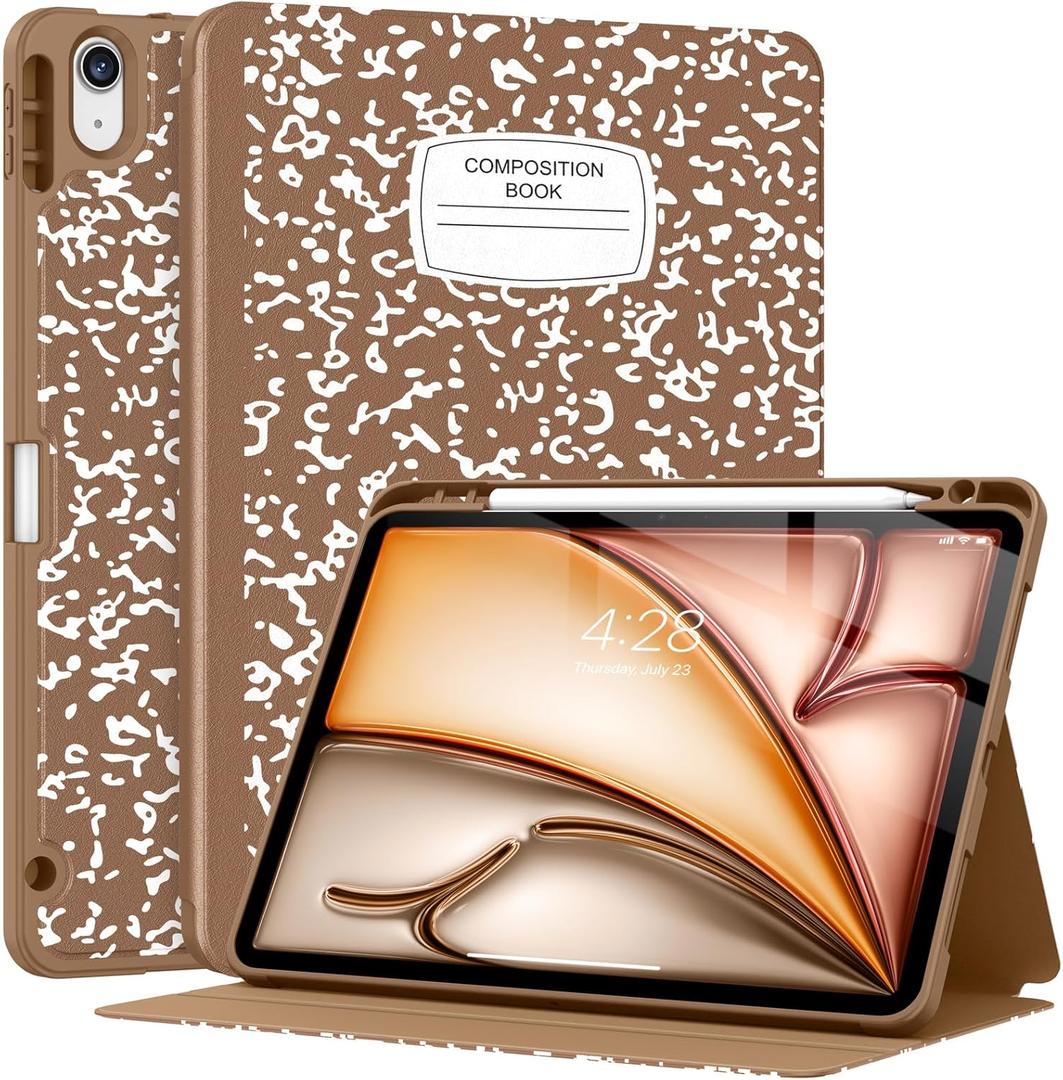 Supveco Case for iPad Air 11 Inch (M3 2025/M2 2024),iPad Air 5th/4th Generation 10.9 Inch 2022/2020 with Pencil Holder-[Auto Wake/Sleep],Premium Folio Stand Soft TPU Back Cover-Book Bronze