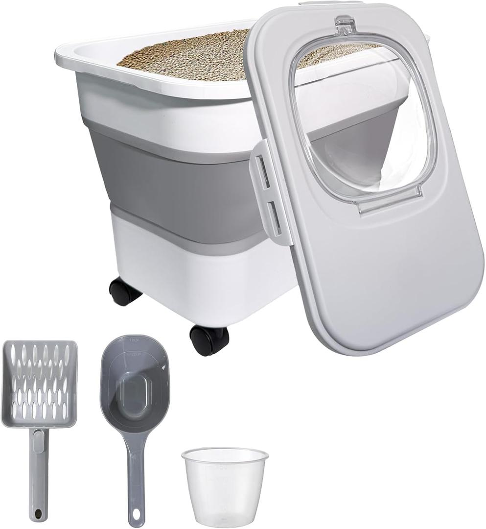 Collapsible Cat Litter Storage Container with Rolling Casters,20 Lbs Cat Litter Storage with Wheels,Airtight Lids,Cat Litter Shovel,Portable Cat Litter Storage Bin Container,BPA Free (Gray)