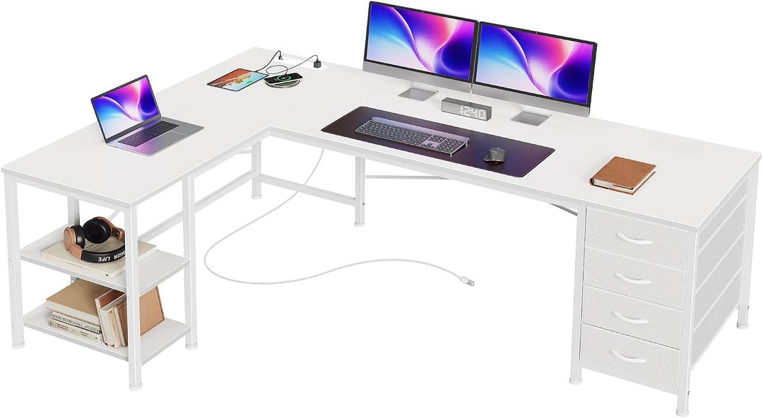 Huuger 55 Inch L Shaped Desk with Fabric Drawers, Reversible Computer Gaming Desk with Power Outlets and USB-C Port, Adjustable Side Storage Shelves, for Work Corner Home Office, White