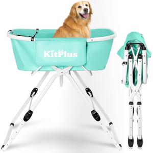 KITPLUS Portable Dog Bathtub, 5 Height Adjustable Dog Washing Station for Pet Shower and Grooming Foldable Bathing Tub with Storage & Anti-Slip Design for Small Large Dogs Cats (Deep Green)