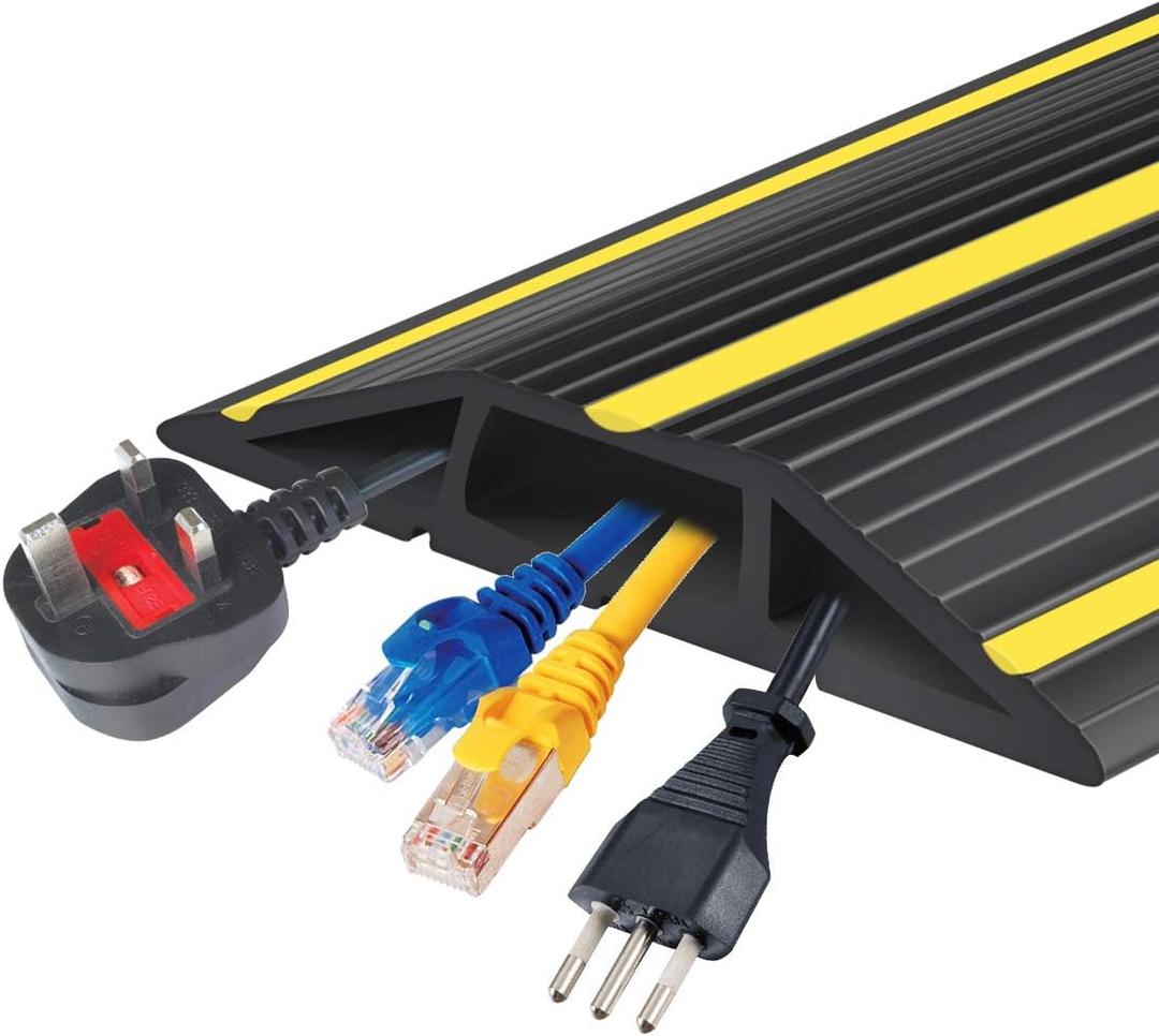 20Ft Cord Covers for Wires on Floor, 3-Channel Floor Cord Cover with Anti-Slip Base & Yellow Warning Strips, Extension Cord Covers for Floor, Ideal for Home, Office, Outdoor Use