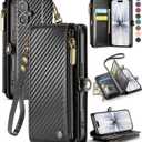 Defencase for iPhone 17 Case Wallet with RFID Blocking Card Holder for Women and Men, Fashion PU Leather Magnetic Snap Flip Zipper Strap Wallet Phone Case for iPhone 17 6.3", Carbon Fiber Black