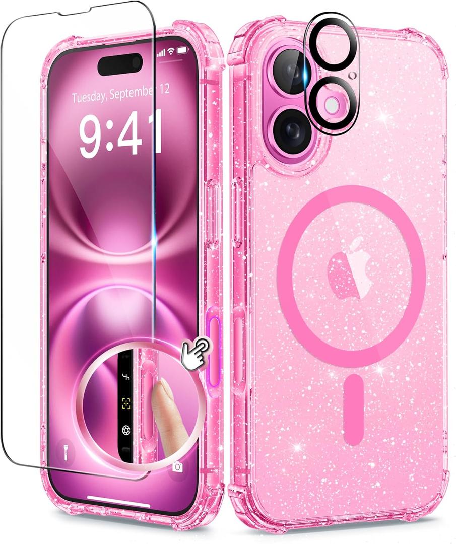 BERFY Compatible with iPhone 16 Plus Case, [Compatible with Magsafe], with 9H Tempered Screen Protector + Camera Lens Protector, Clear Sparkly Hard Phone Case for Women 6.7", Magnetic Hot Pink