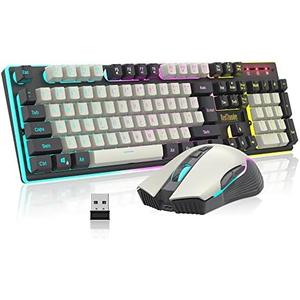 RedThunder K10 Wireless Gaming Keyboard and Mouse Combo, LED Backlit Rechargeable 3800mAh Battery, Mechanical Feel Anti-ghosting Keyboard + 7D 3200DPI Mice for PC Gamer (White-Gray)