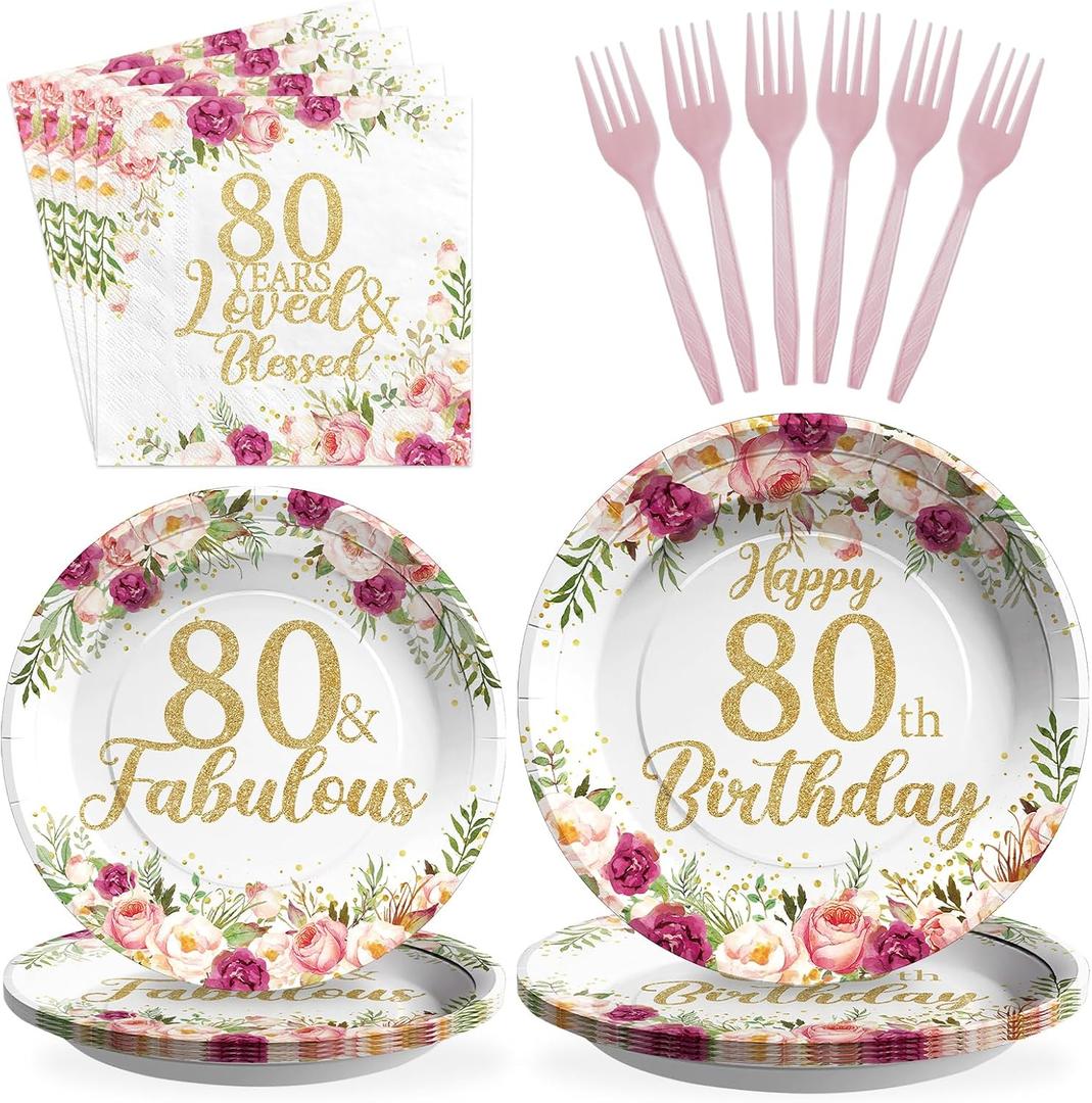 96Pcs 80th Birthday Decorations for Women Rose Gold Floral 80th Birthday Plates and Napkins Tableware Sets 80 and Fabulous Party Decorations for Womens 80 Years Old Party Supplies Serves 24