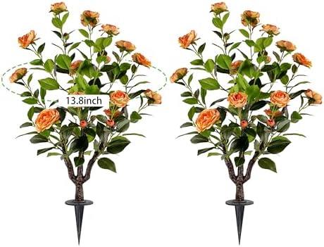 smfbegl Artificial Camellia Tree【 2 Pack 】, 36'' Faux Camellia Plant in Pot with Orange Flowers for Spring Home Front Door Outdoor Indoor Decoration (Orange)