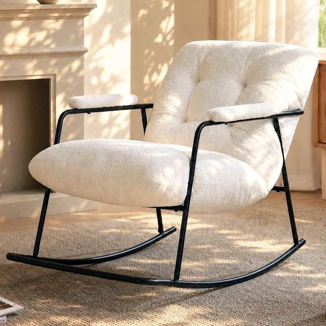 Rocking Chair Nursery, Upholstered Glider Rocker Cushions Indoor, Comfy Rocking Accent Chair with Armrests, Cozy White Boucle Rocking Armchair for Living Room Bedroom Reading Nook, Adults, Standard