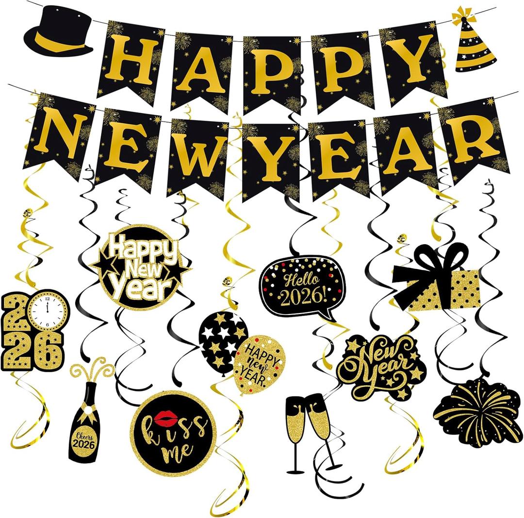 JOJO FLY New Years Eve Party Decorations Kit, Happy New Year Banner, Black and Gold Hanging Swirls for Happy New Year Decorations 2026, NYE Decorations 2026