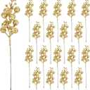 CCINEE 24 Pcs Christmas Gold Berry Stems,7.8Inch Xmas Artificial Glitter Berry Branches for Christmas Tree Ornaments DIY Xmas Wreath Crafts Home and Holiday Decor
