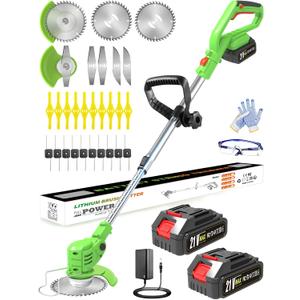 Cordless Weed Wacker, 21V Battery Powered Weed Eater, 2 Batteries & Charger | Electric Grass Trimmer, 5 Types Metal/Plastic Blades, Lightweight 3-in-1 Weed Trimmer, Brush Cutter, Edger for Lawn Garden