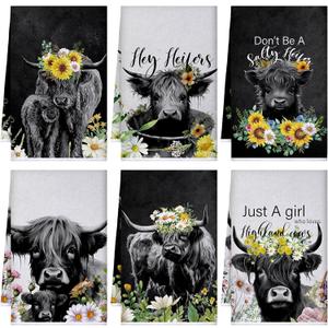 Boyiee Set of 6 Highland Cow Kitchen Towels Hello Heifers Absorbent Tea Dish Towels 24 x 16 Inches Just Who Loves Cow Hand Washcloth Gifts for Farmhouse Kitchen Bathroom Decorations