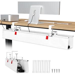 Univivi No Drill Under Desk Cable Management Tray, 36" Cord Organizer for Table, Clamp/Screw Mount Desk Cable Management, Premium Fabric Cable Management Tray for Office, Home (White)