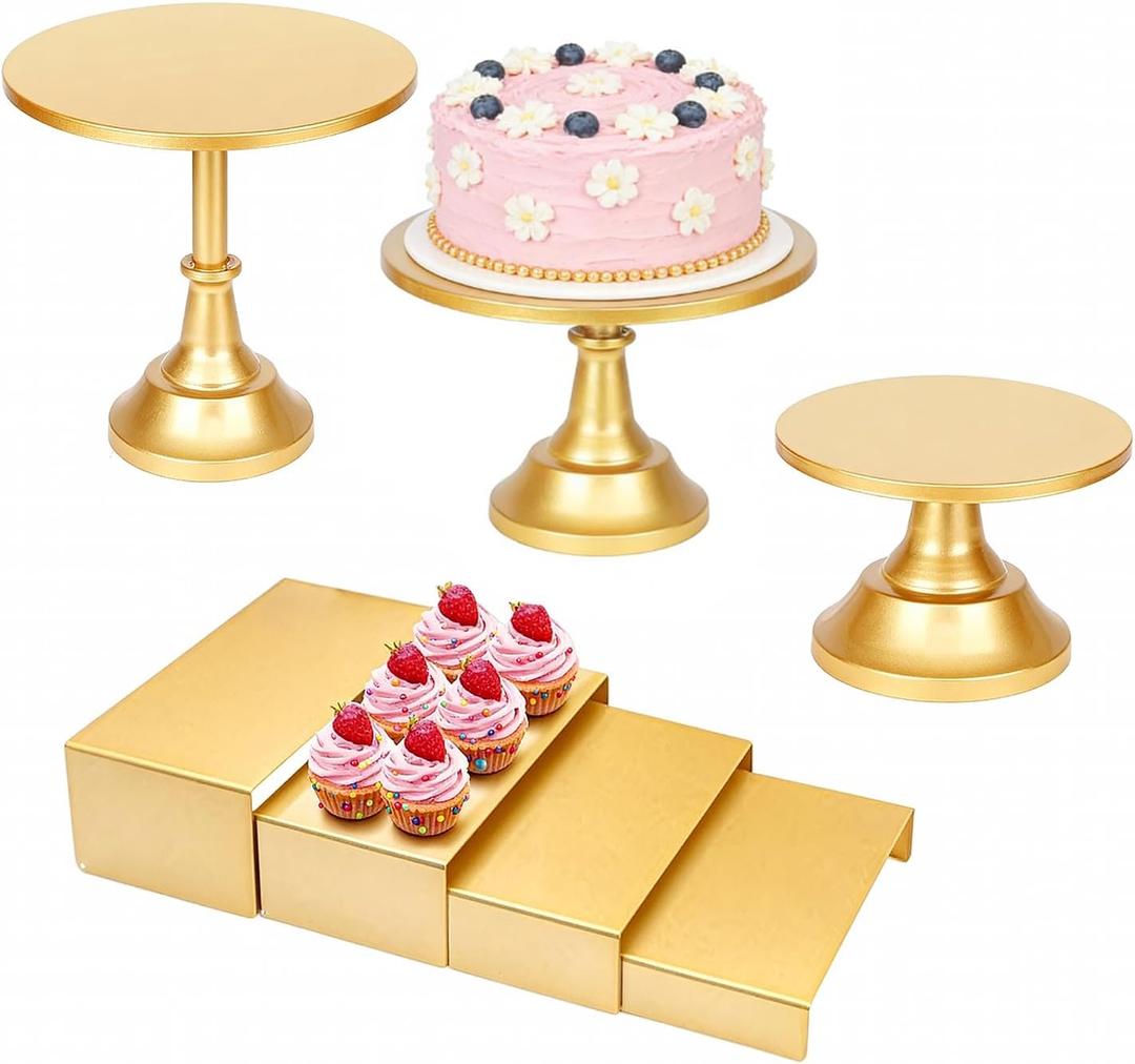 7 Pack Metal Dessert Table Display Set, Rectangular Gold Cake Stand, Metal Round Cake Pedestal Stands, Round Cupcake Display Stand for Wedding Birthday Tea Party Holiday