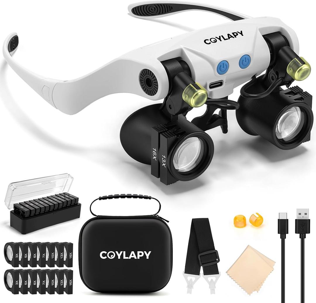 COYLAPY Magnifying Glasses for Close Work, Jewelers Magnifying Glasses with Light & 7 Interchangeable Lens Pairs(3X 5X 6X 7X 10X 13X 16X), Headband Loupe Magnifier for Watch Repair, w/Case