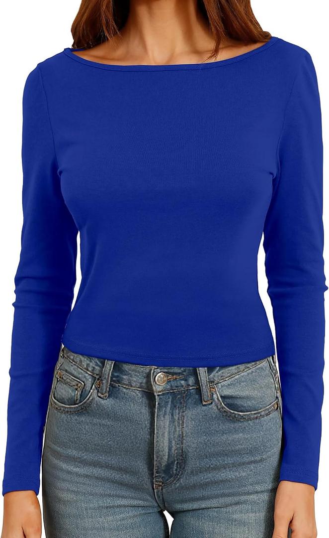 Dwnval Womens Cute Boat Neck Long Sleeve Crop Tops Soft Ribbed Knited Cropped Tees (Blue)