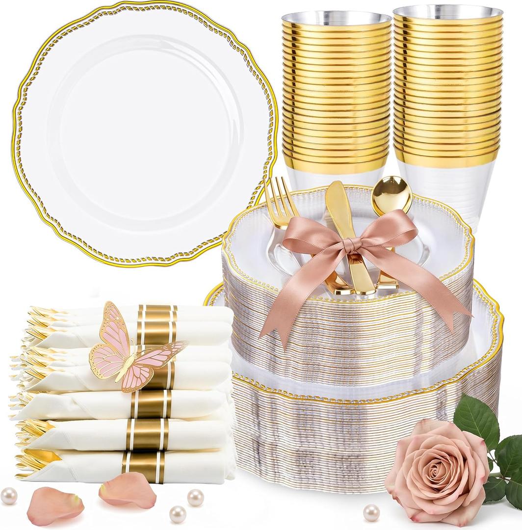 Hioasis 350pcs Clear Gold Plastic Plates - Gold Plastic Dinnerware Set Includes 50 Dinner Plates, 50 Dessert Dinnerware, 50 Cups, 50 Rolled Napkin Cutlery Perfect for Wedding & Party