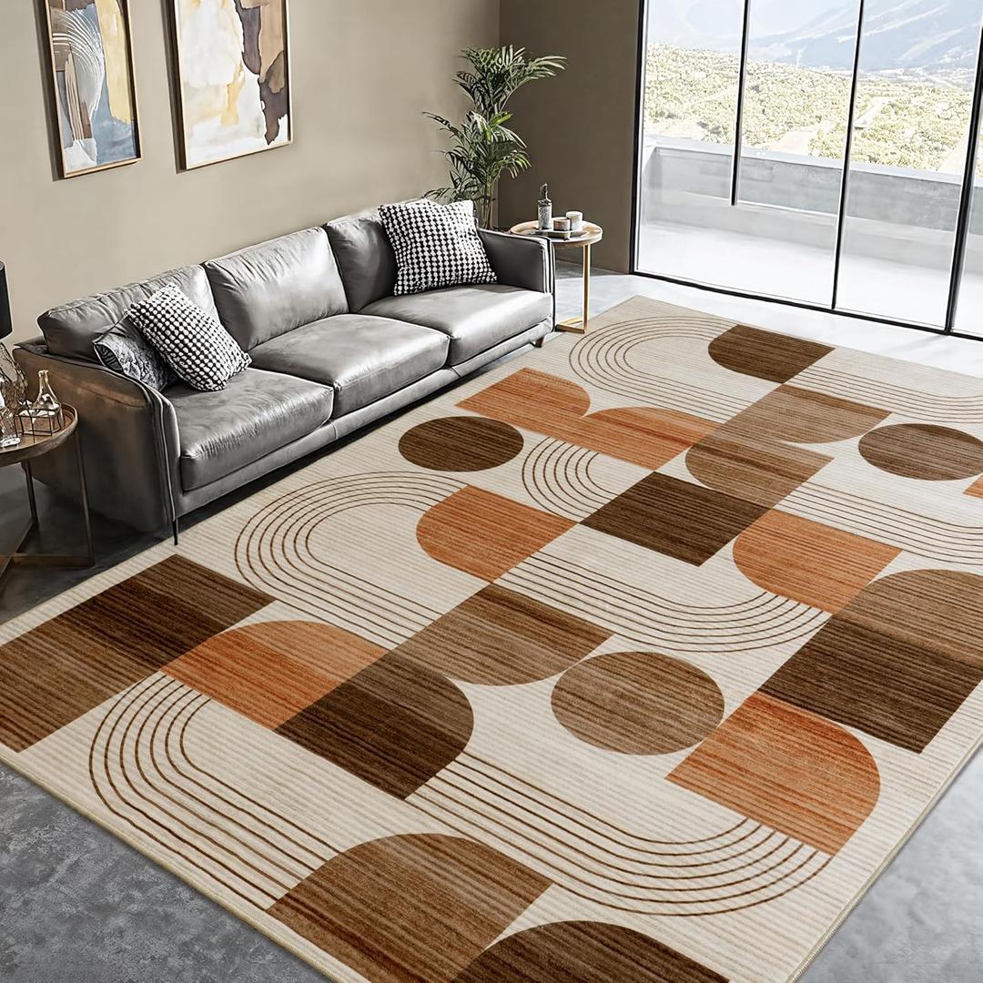 Large Machine Washable 5x7 Area Rug, Soft Modern Geometric Abstract Orange Rugs for Bedroom Living Room, Non-Shedding Faux Wool Indoor Throw Floor Carpet for Office Entryway Dining Room Decor