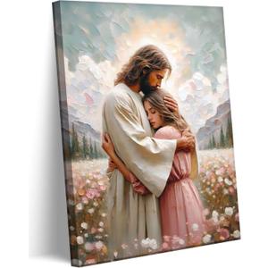 Jesus Hugging Woman Canvas Wall Art, Embracing Woman Safe in His Arms Decor Picture, Christian Paintings Prints Christ Poster for Bedroom Living Room Dining Home Healing Embrace Print Church Decoration