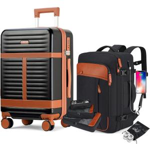 Lumesner Luggage Backpack, 20 Inch Carry On Suitcase with Spinner Wheels & TSA Lock, PC Hardside Luggage with Backpack (Black(20inch-5piece Set))