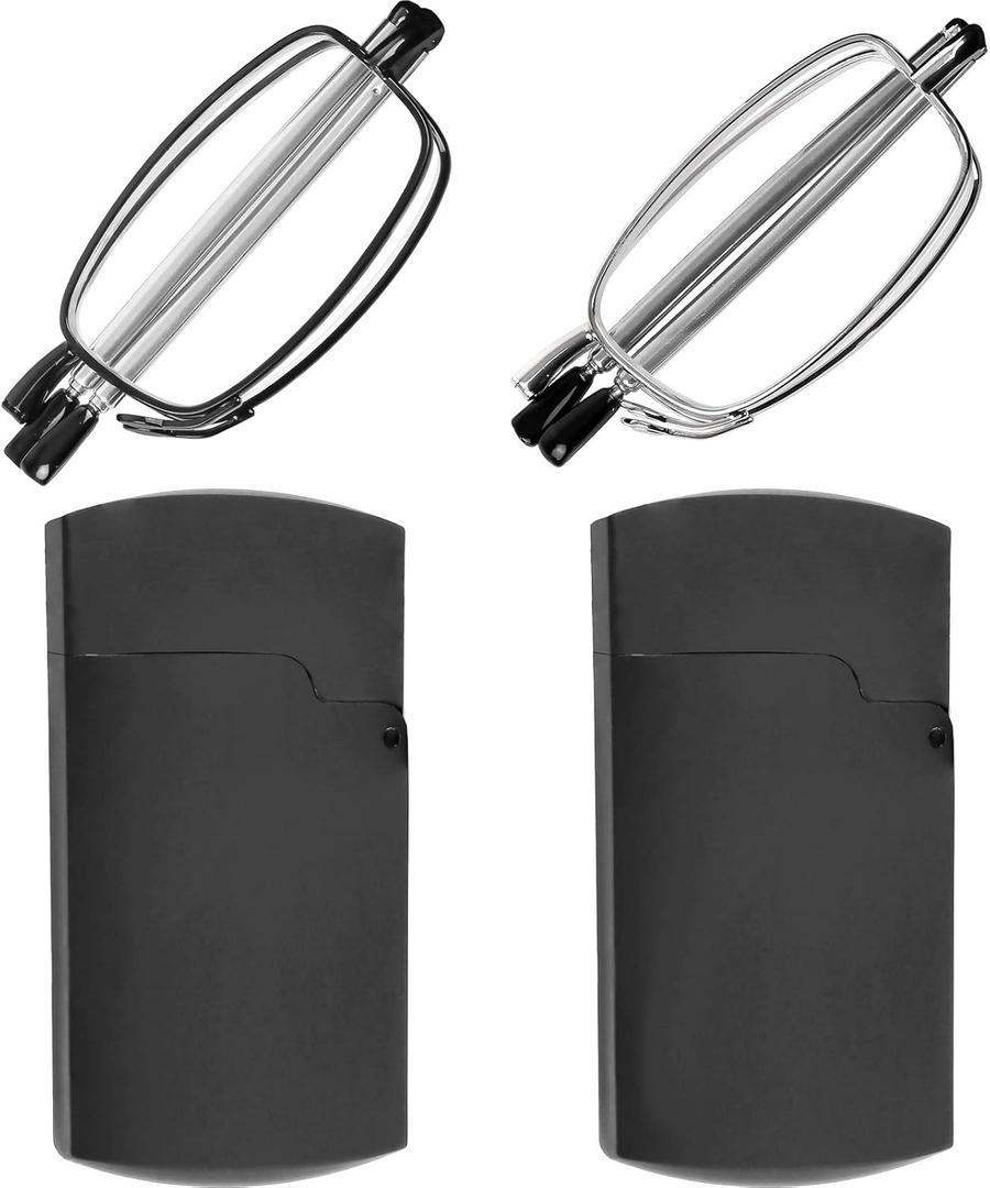 Success Eyewear Reading Glasses 2 Pair Black and Gunmetal Readers Compact Folding Unisex Glasses for Reading Case Included, Magnification Strength: 1.5 x