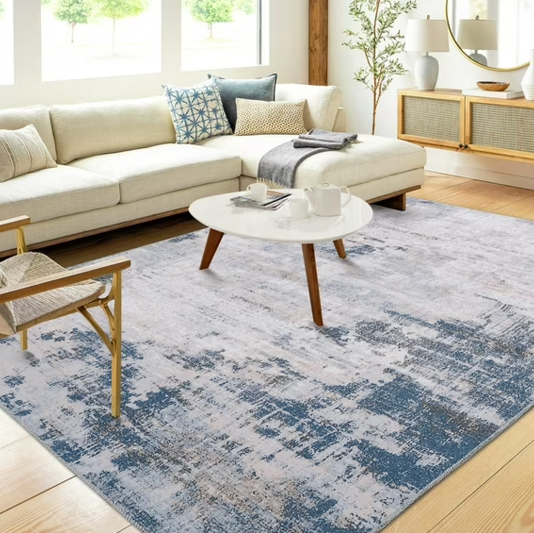 Modern Abstract Area Rug 6 x 9 Machine Washable Contemporary Carpet Foldable Stain Resistant Non-Slip Accent Rug Coffee Table Rug, Blue/Brown