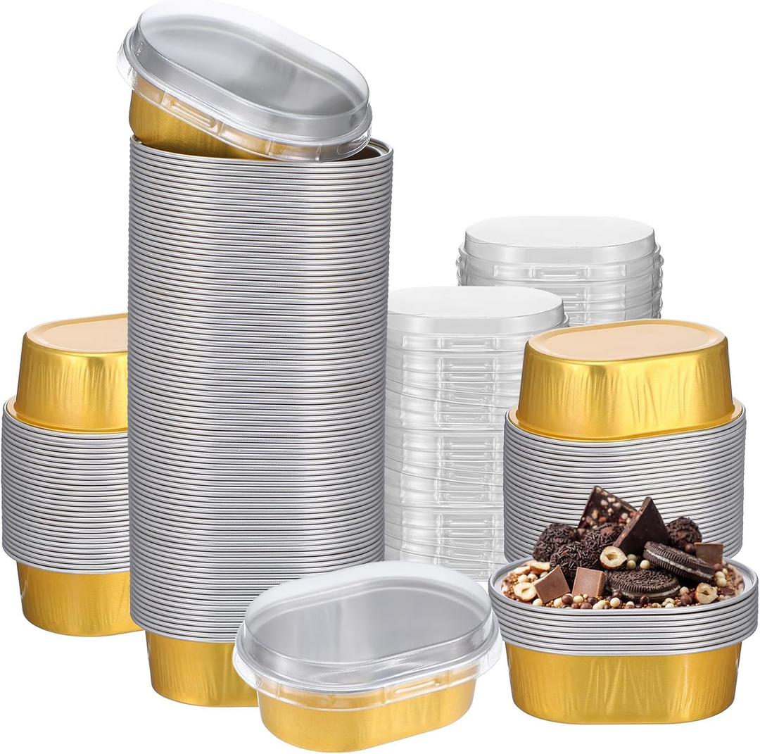 100 Pack Mini Aluminum Baking Cups with Lids, 3 OZ Disposable Ramekins Muffin Liners Containers, Individual Pie Tin Cup for Dessert, Creme Brulee, Pudding, Cupcake