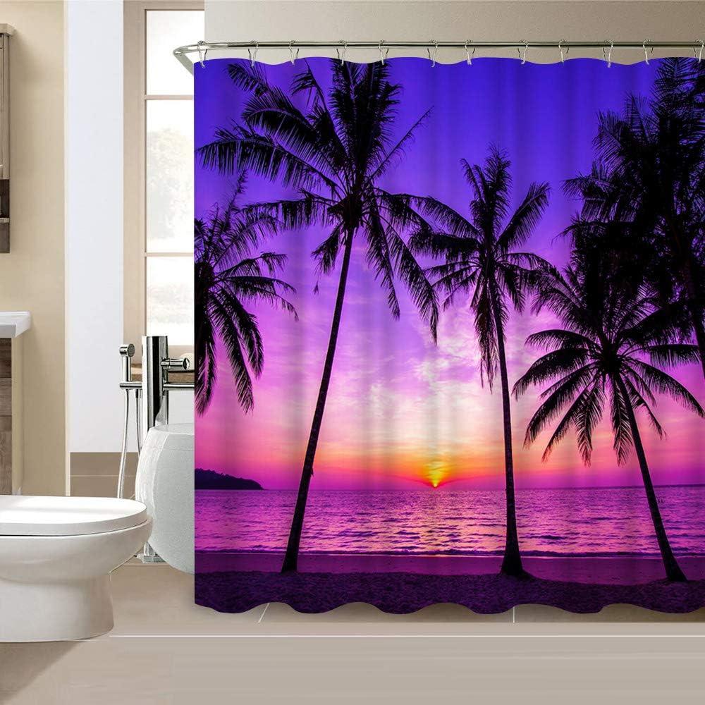 Sunset Beach Shower Curtain Tropical Palm Tree Landscape Waterproof Fabric Curtains for Bathroom Decor with 12 Hooks 72x72 Inches