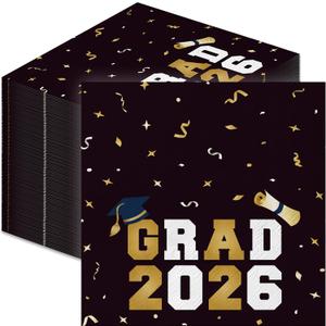 2 x Graduation Napkins 2026 | 5X5" 100PCS Class of 2026 Beverage Napkins | Black Congrats Grad Cocktail Napkins for Commencement Party Decorations, High School & College Graduation Party Supplies