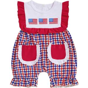 Newborn Baby Girl 4th of July Outfit Sleeveless Plaid Bubble Romper American Flag Embroidery Bodysuit with Pockets, 6-12M